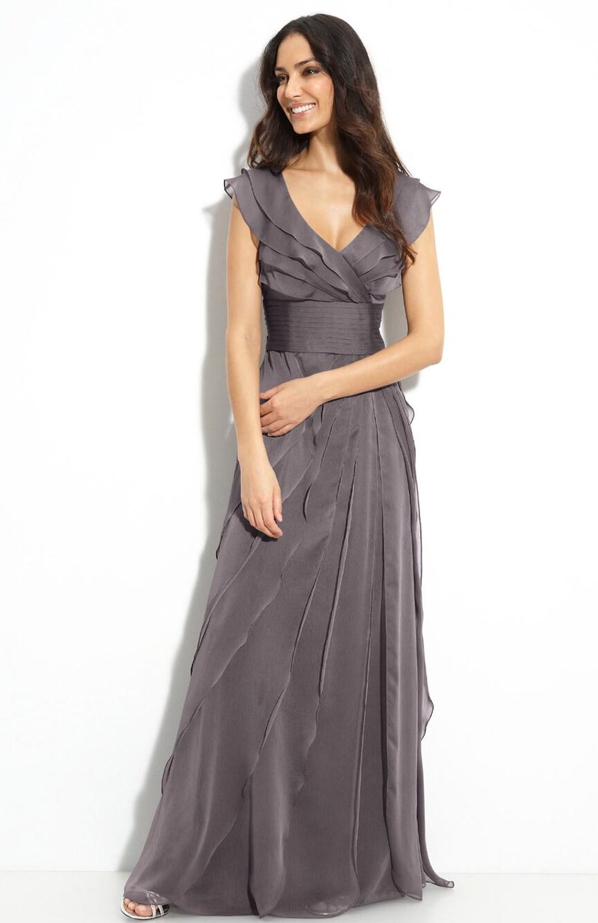 Adrianna Papell Tiered Chiffon Gown 12 Gray Pleated Wedding Mother of The Bride